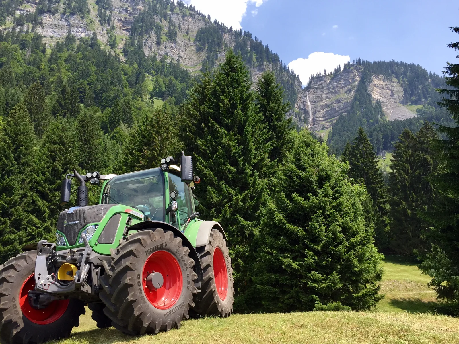 Fendt vor Wald und Wasserfall im Klostertal